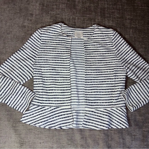 Loft Striped Peplum Jacket Blazer MEDIUM Cotton Blend White Black Flared Bottom - Picture 1 of 9